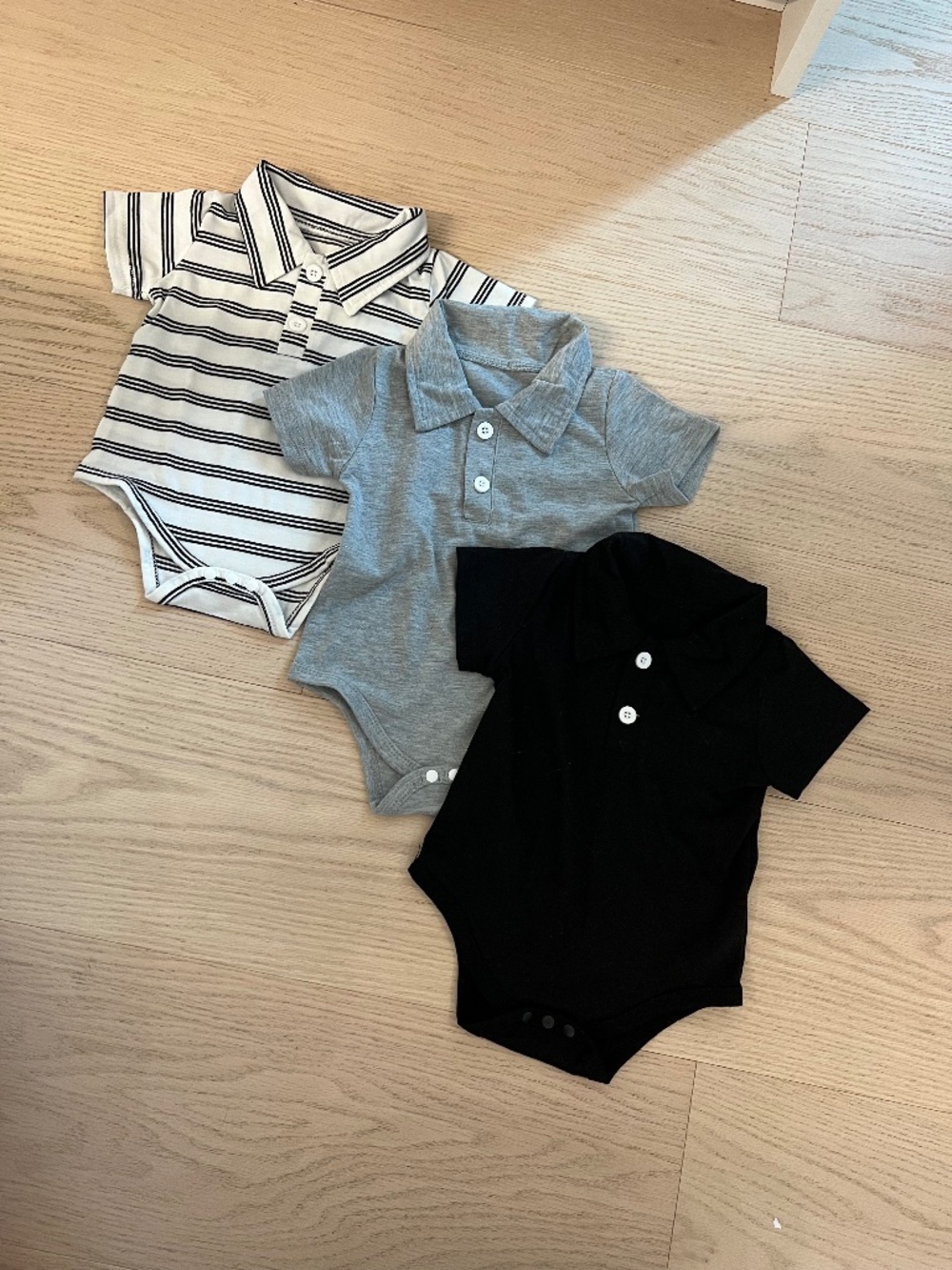 Baby Boy Polo Bodysuits – 3 Pack – Black, Grey & Striped